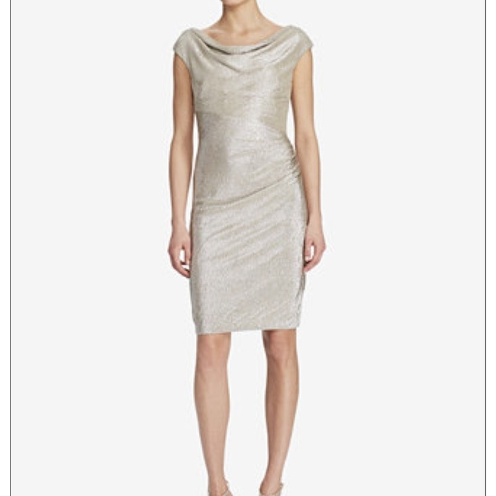 Ralph Lauren AJ1002 Metallic Light Gold Cowl-Neck Dress Size 8 Knee Length